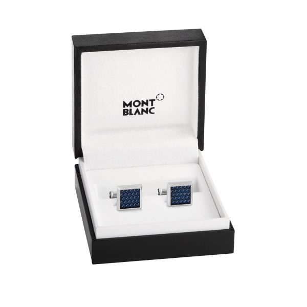 Montblanc Rectangular Cufflinks in Stainless Steel with Blue Patterned Inlay 123805 2