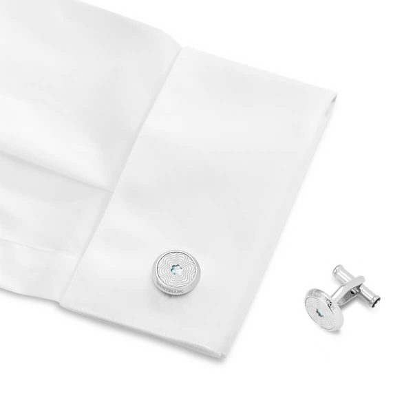 Montblanc Round Cufflinks in Stainless Steel with Exploding Star Pattern and Mother-of-Pearl Snowcap Emblem 123808 2