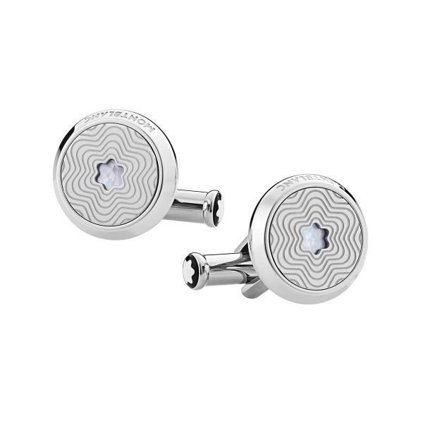 Montblanc Round Cufflinks in Stainless Steel with Exploding Star Pattern and Mother-of-Pearl Snowcap Emblem 123808