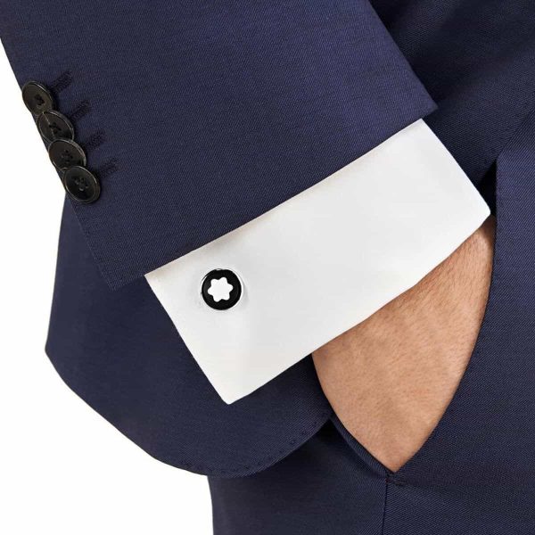 Montblanc Cufflinks Round in Stainless Steel with Black PVD Inlay and Mother-of-Pearl Snowcap Smblem 123810 2