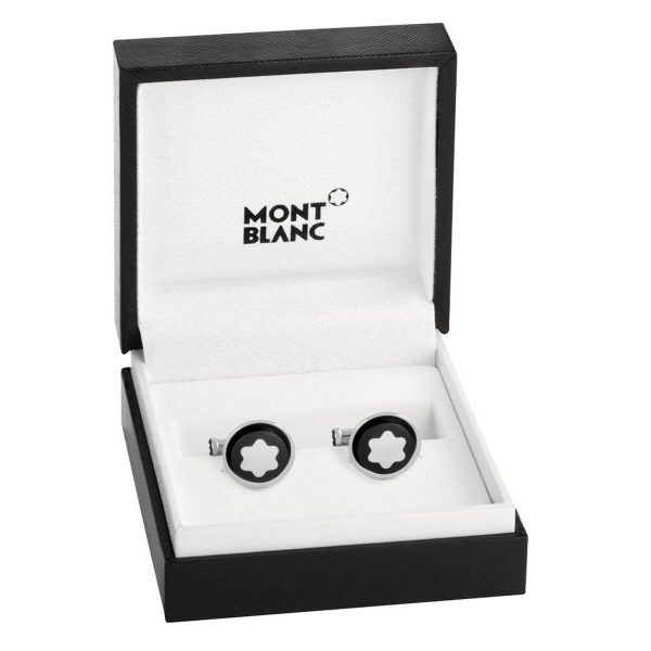 Montblanc Cufflinks Round in Stainless Steel with Black PVD Inlay and Mother-of-Pearl Snowcap Smblem 123810 3