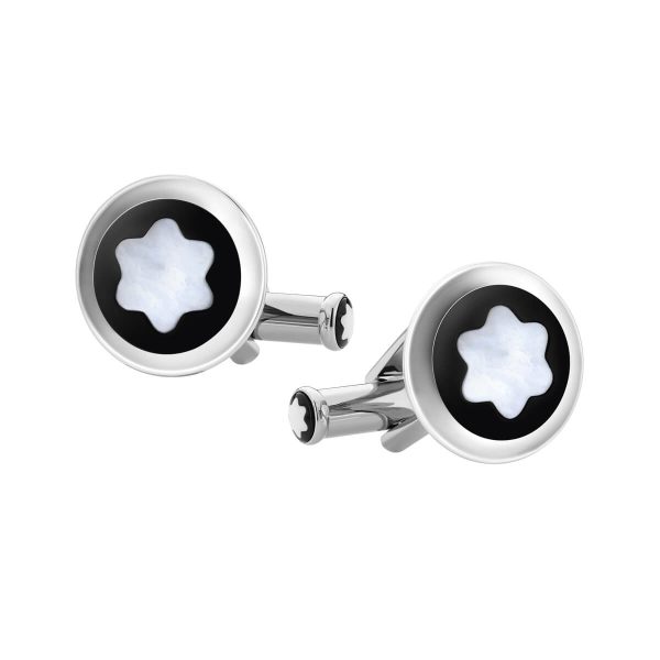 Montblanc Cufflinks Round in Stainless Steel with Black PVD Inlay and Mother-of-Pearl Snowcap Smblem 123810