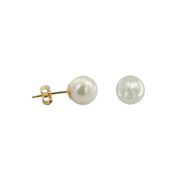 14K Yellow Gold 7-7.5mm Akoya Cultured White Pearl Stud Earrings EC34