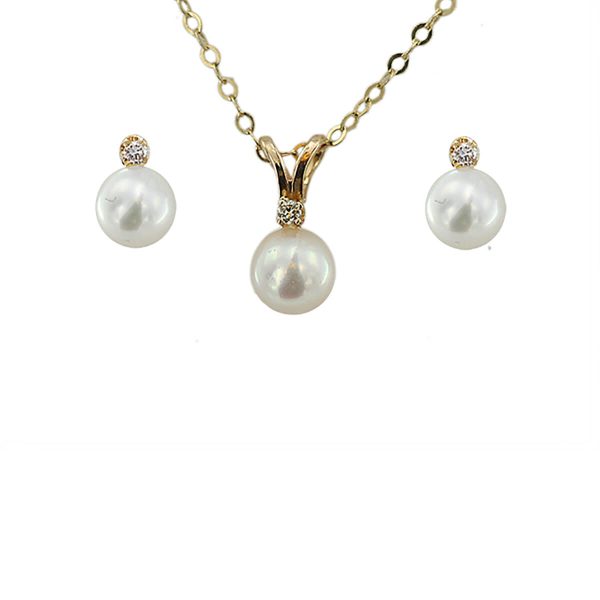 14K Yellow Gold & Diamond 5-6mm Fresh Water White Pearl Set UCS458D